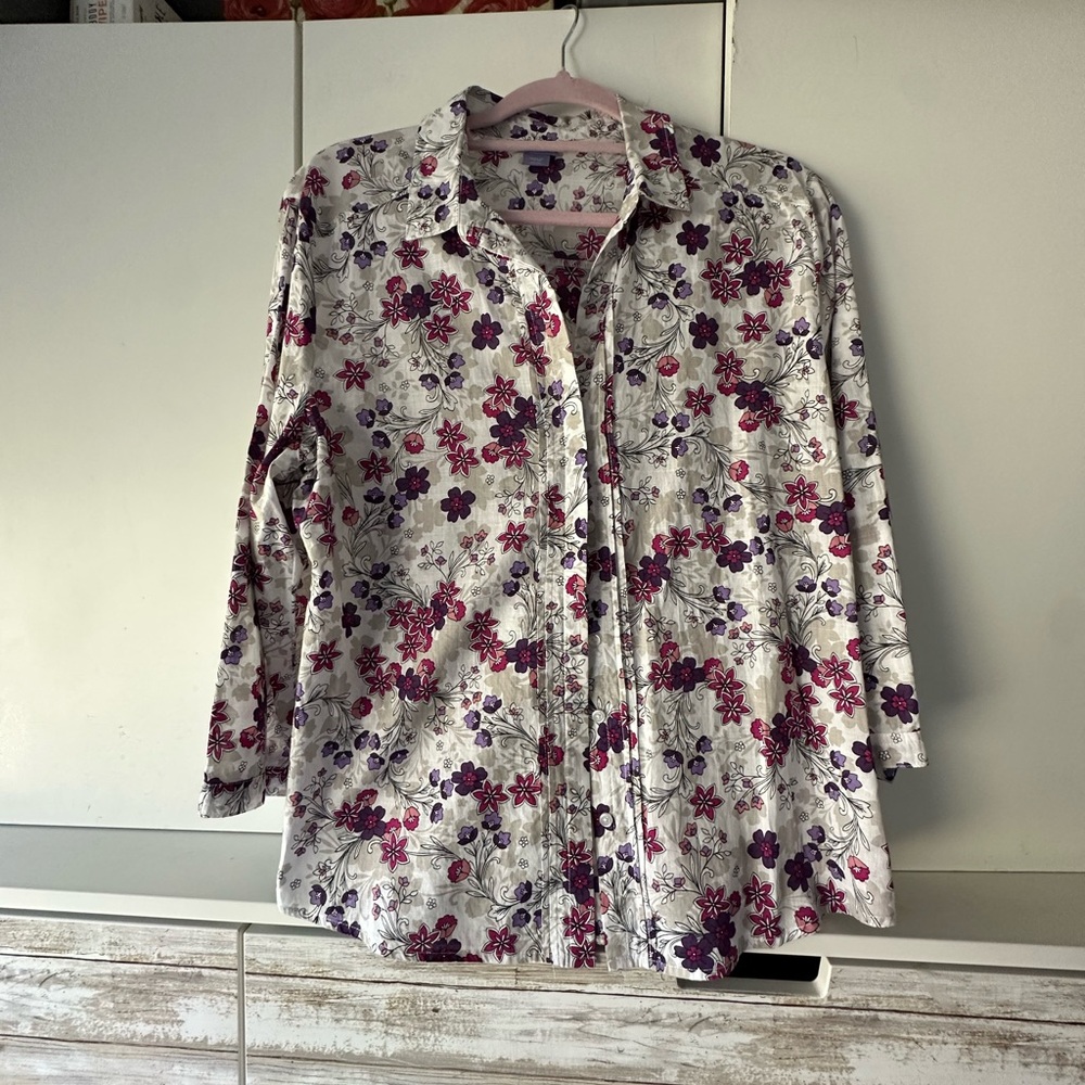 🌸 Laura Scott Floral Button Up Shirt XL Purple Pink Cotton